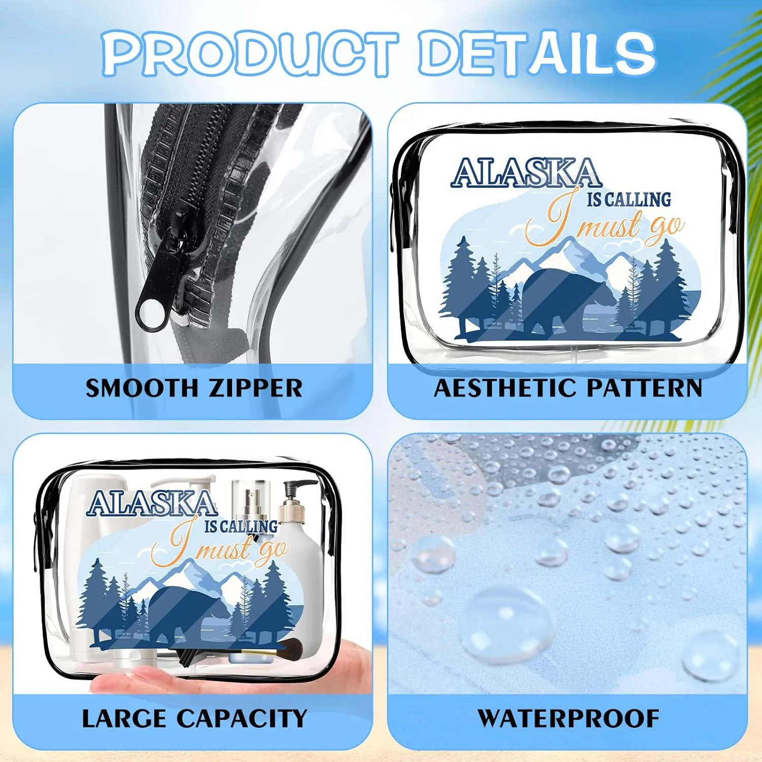 Alaska Cruise Essentials, 6Pcs Clear Alaska Cruise Makeup Bags, Waterproof PVC Cosmetic Bag with Zipper Pouch, Alaskan Travel Must Haves, Alask Cruising Souvenirs Gifts for Women Girls