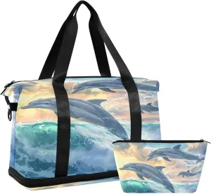 ALAZA Beautiful Dolphins Travel Duffel Bag for Women Men Sports Gym Bag with Shoe Compartment Tote Weekender Overnight Bag with Wet Pocket for Travel, Gym,Yoga,Swimming