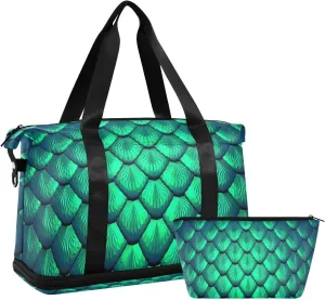 ALAZA Blue Green Scales Of A Mermaid Travel Duffel Bag for Women Men Sports Gym Bag with Shoe Compartment Tote Weekender Overnight Bag with Wet Pocket for Travel, Gym,Yoga,Swimming