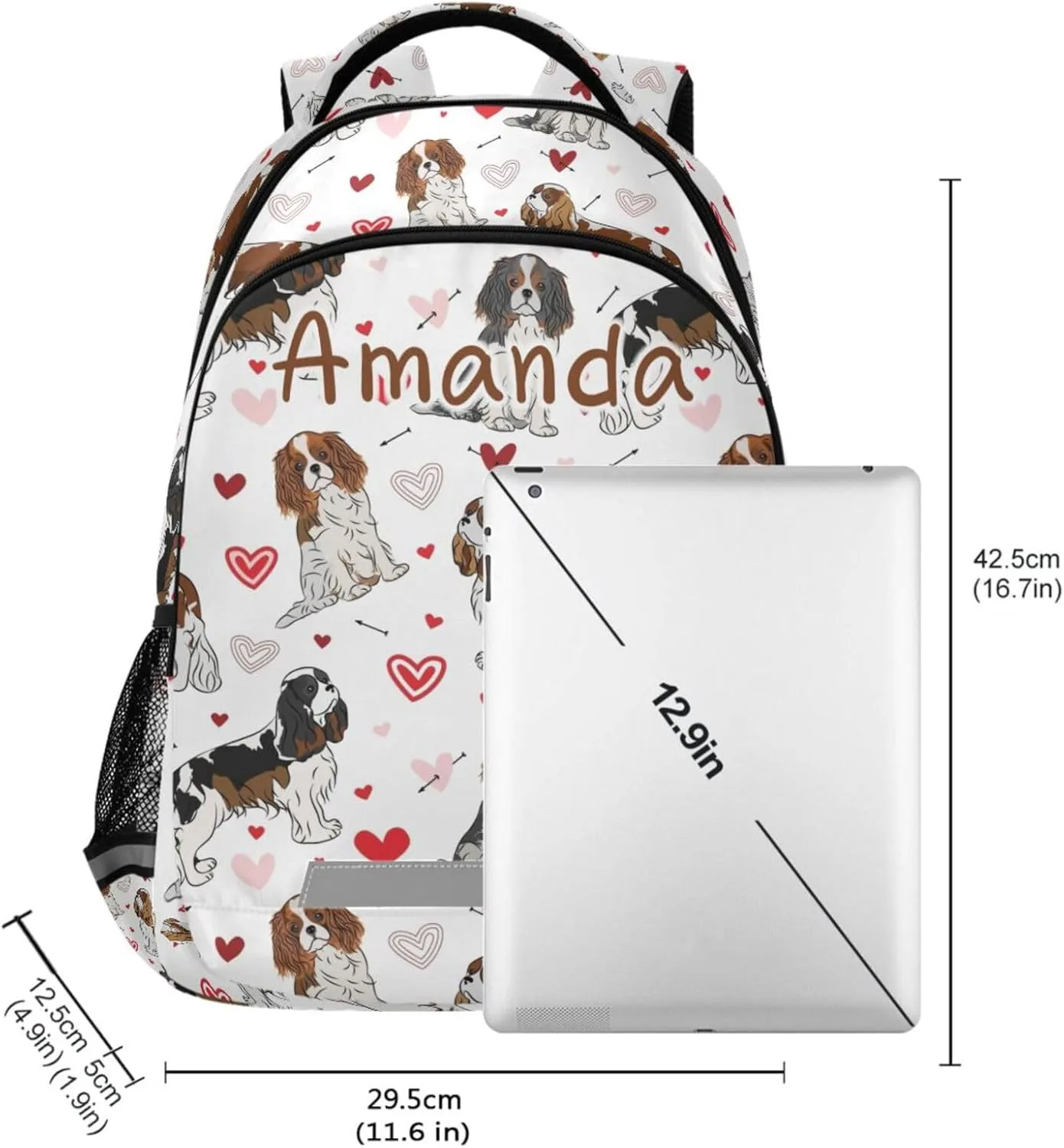 ALAZA Cavalier King Charles Spaniel Dog Valentine's Day Heart Backpack Girls Kids Backpacks Boys School Bookbag 3rd 4th 5th Grade Casual Daypack Laptop Shoulder Bag with Chest Strap