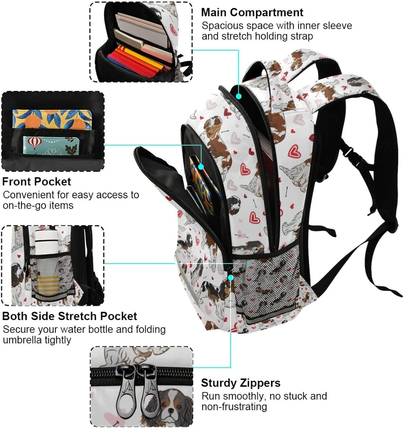 ALAZA Cavalier King Charles Spaniel Dog Valentine's Day Heart Backpack Girls Kids Backpacks Boys School Bookbag 3rd 4th 5th Grade Casual Daypack Laptop Shoulder Bag with Chest Strap