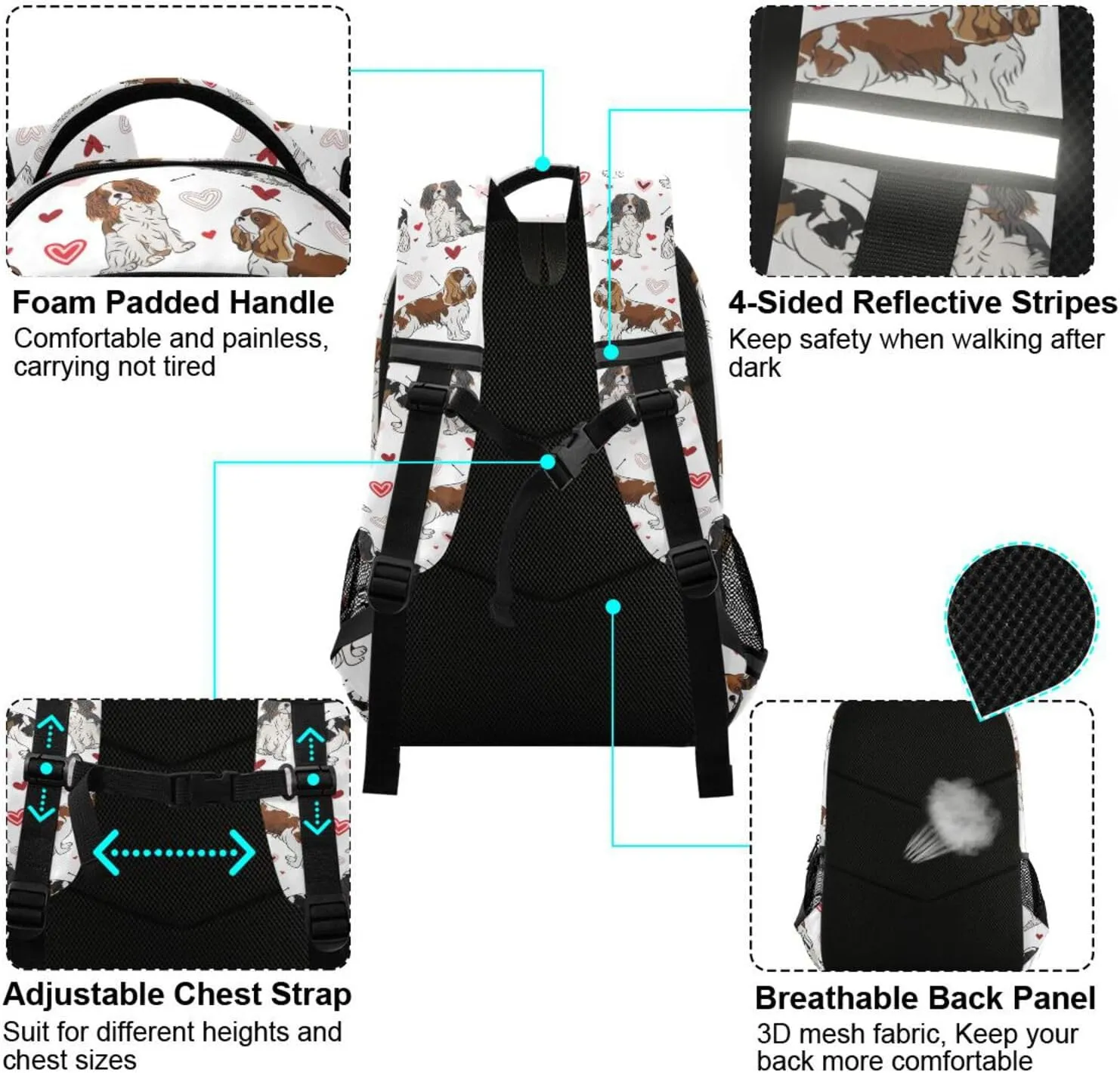 ALAZA Cavalier King Charles Spaniel Dog Valentine's Day Heart Backpack Girls Kids Backpacks Boys School Bookbag 3rd 4th 5th Grade Casual Daypack Laptop Shoulder Bag with Chest Strap