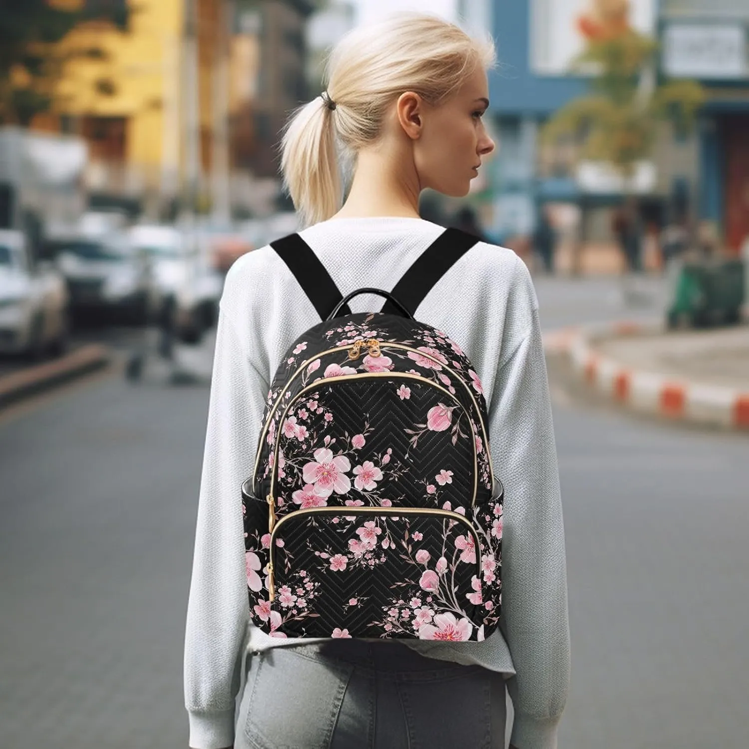 ALAZA Cherry Blossom Sakura Floral Mini Backpack Purse for Women Travel Bag Fashion Daypack Back Pack Shoulder Bag