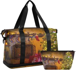 ALAZA Christmas Scene Fireplace and Decorated Travel Duffel Bag for Women Men Sports Gym Bag with Shoe Compartment Tote Weekender Overnight Bag with Wet Pocket for Travel, Gym,Yoga,Swimming
