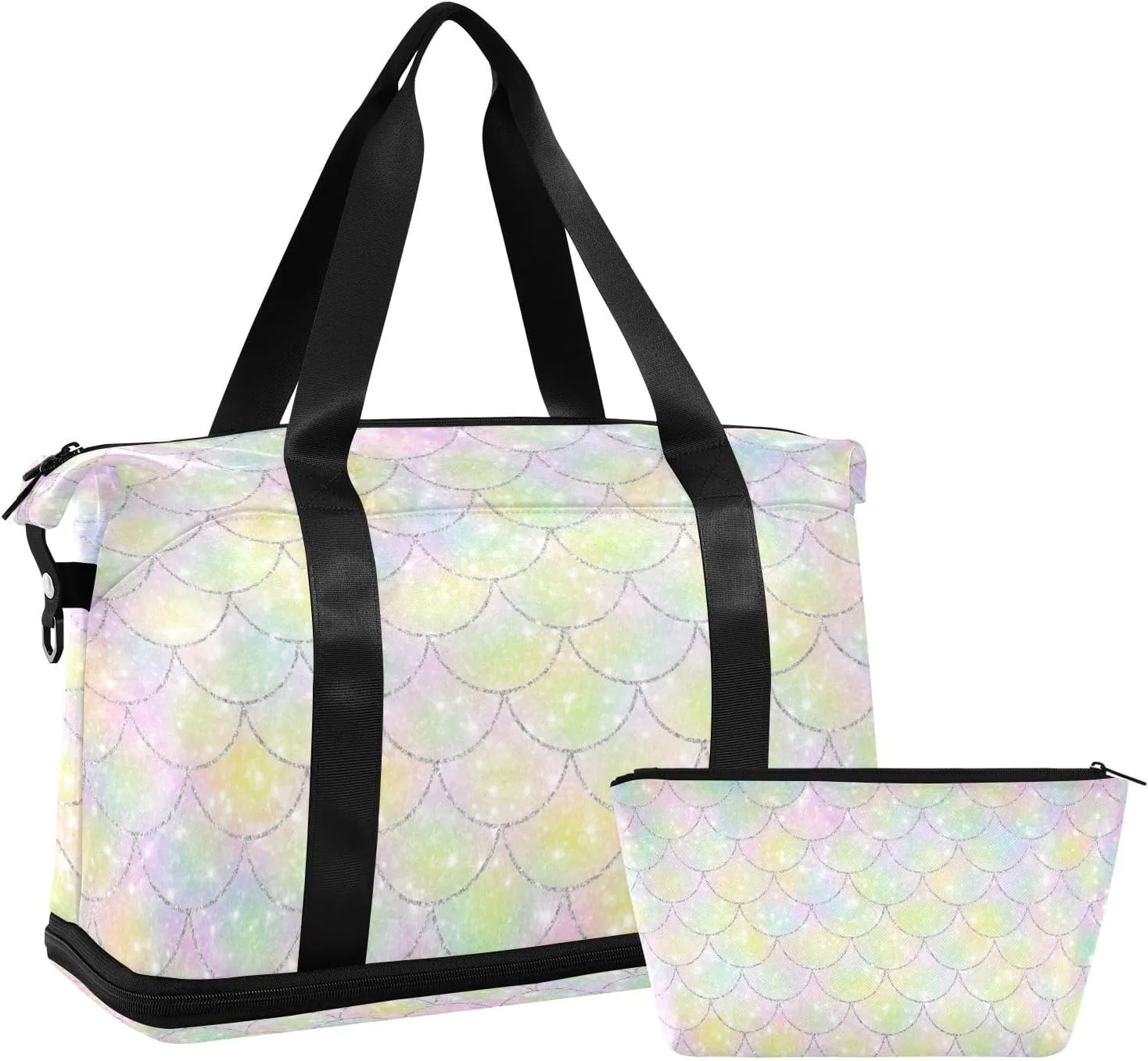 ALAZA Colorful Glitter Mermaid Scales Travel Duffel Bag for Women Men Sports Gym Bag with Shoe Compartment Tote Weekender Overnight Bag with Wet Pocket for Travel, Gym,Yoga,Swimming