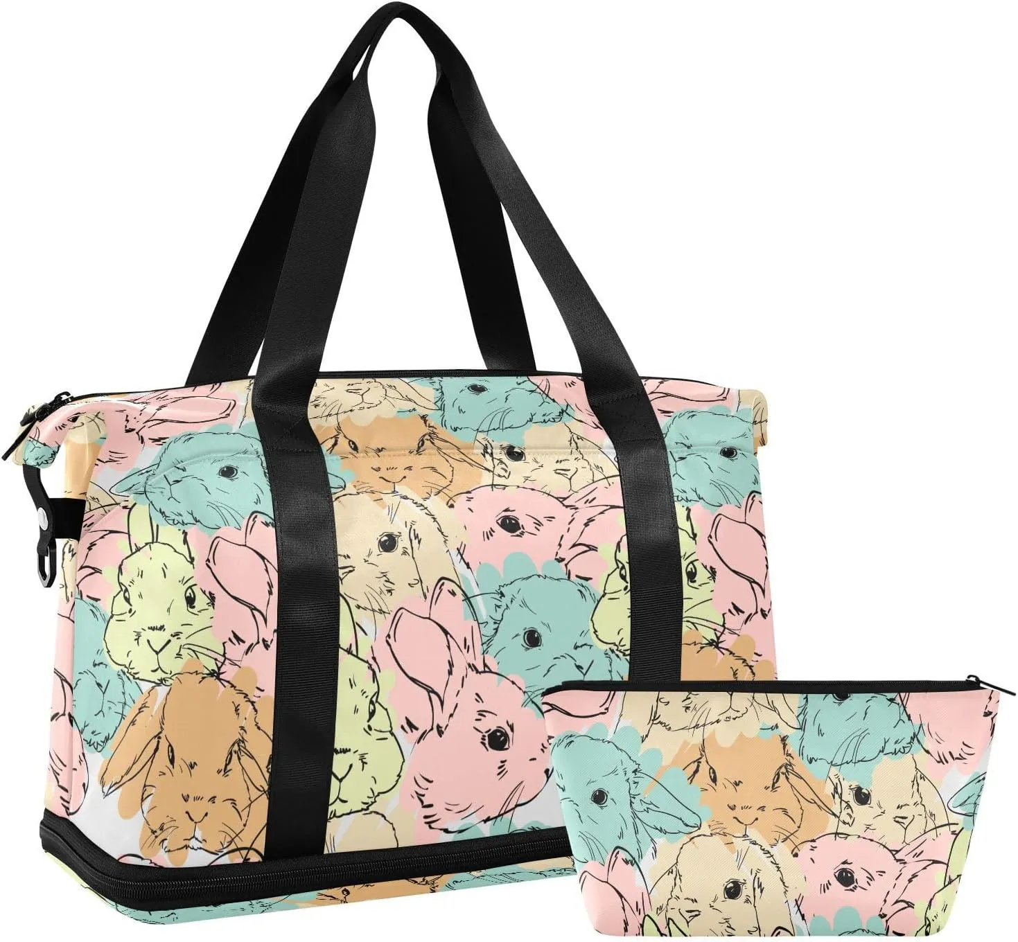 ALAZA Cute Hare Doodle Rabbit Travel Duffel Bag for Women Men Sports Gym Bag with Shoe Compartment Tote Weekender Overnight Bag with Wet Pocket for Travel, Gym,Yoga,Swimming