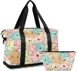 ALAZA Cute Hare Doodle Rabbit Travel Duffel Bag for Women Men Sports Gym Bag with Shoe Compartment Tote Weekender Overnight Bag with Wet Pocket for Travel, Gym,Yoga,Swimming