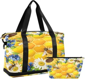 ALAZA Flowers and Honeycombs with Bees Travel Duffel Bag for Women Men Sports Gym Bag with Shoe Compartment Tote Weekender Overnight Bag with Wet Pocket for Travel, Gym,Yoga,Swimming