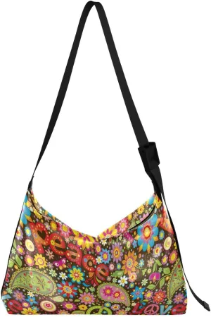 ALAZA Hippie Peace Symbol Paisley Floral Womens Tote Bag Leather Shoulder Bag For Women Men Large Hobo Cross Body Bags Handbag