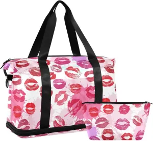 ALAZA Lipstick Hot Kisses Lips Watercolor Travel Duffel Bag for Women Men Sports Gym Bag with Shoe Compartment Tote Weekender Overnight Bag with Wet Pocket for Travel, Gym,Yoga,Swimming