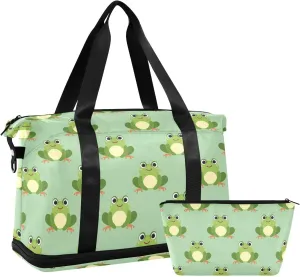 ALAZA Lovely Green Frog Travel Duffel Bag for Women Men Sports Gym Bag with Shoe Compartment Tote Weekender Overnight Bag with Wet Pocket for Travel, Gym,Yoga,Swimming