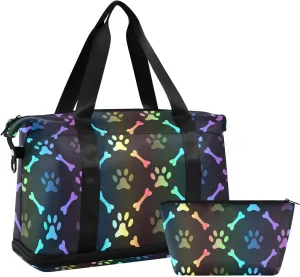 ALAZA Magic Paw Footprint and Bone Travel Duffel Bag for Women Men Sports Gym Bag with Shoe Compartment Tote Weekender Overnight Bag with Wet Pocket for Travel, Gym,Yoga,Swimming