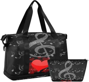 ALAZA Musical Notes and Romantic Hearts Travel Duffel Bag for Women Men Sports Gym Bag with Shoe Compartment Tote Weekender Overnight Bag with Wet Pocket for Travel, Gym,Yoga,Swimming