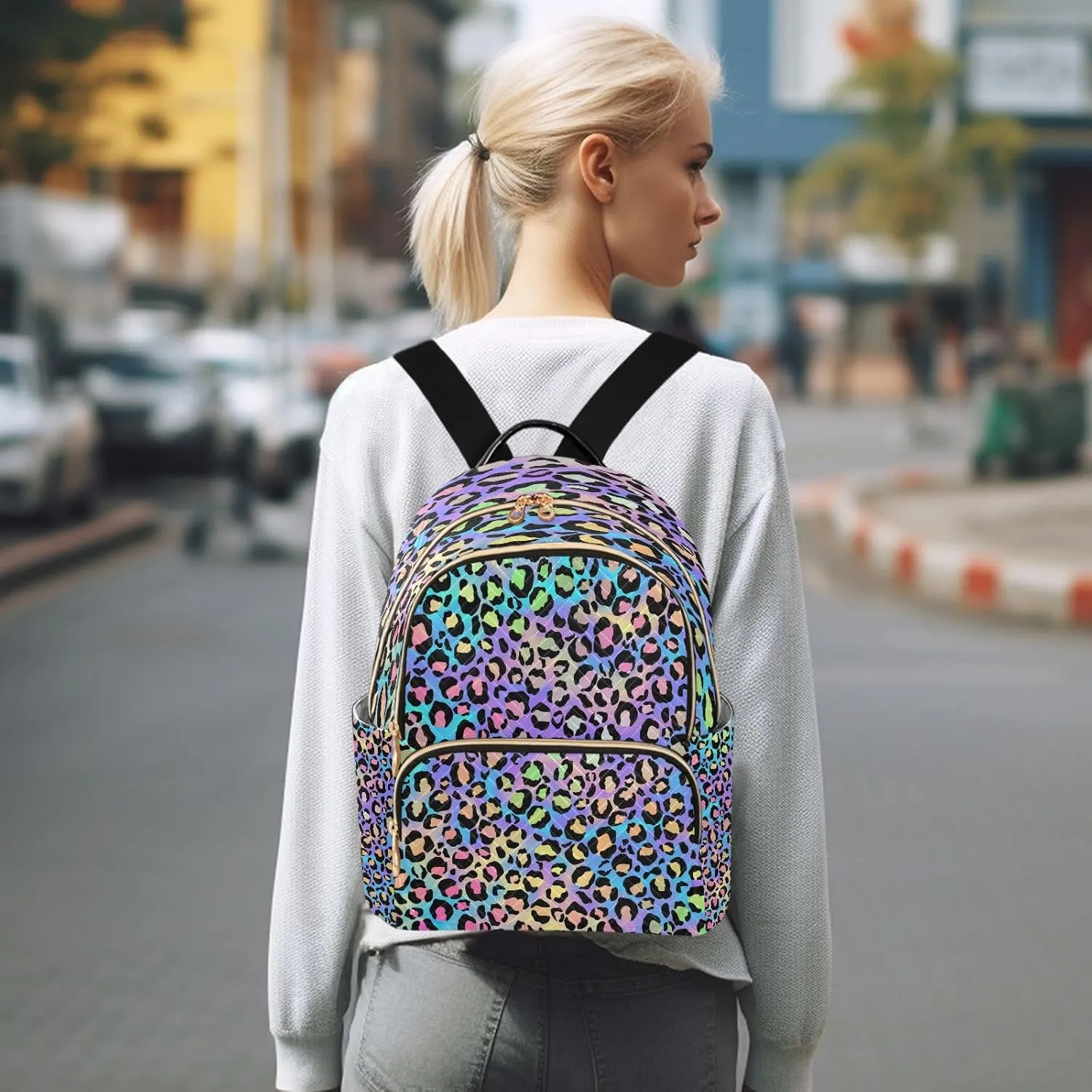 ALAZA Women Mini Backpack Purse Bag Lightweight Casual Daily Travel Backpack Leopard Print Puple Blue Cheetah Back Pack Fashion Multipurpose Shoulder Bag,M
