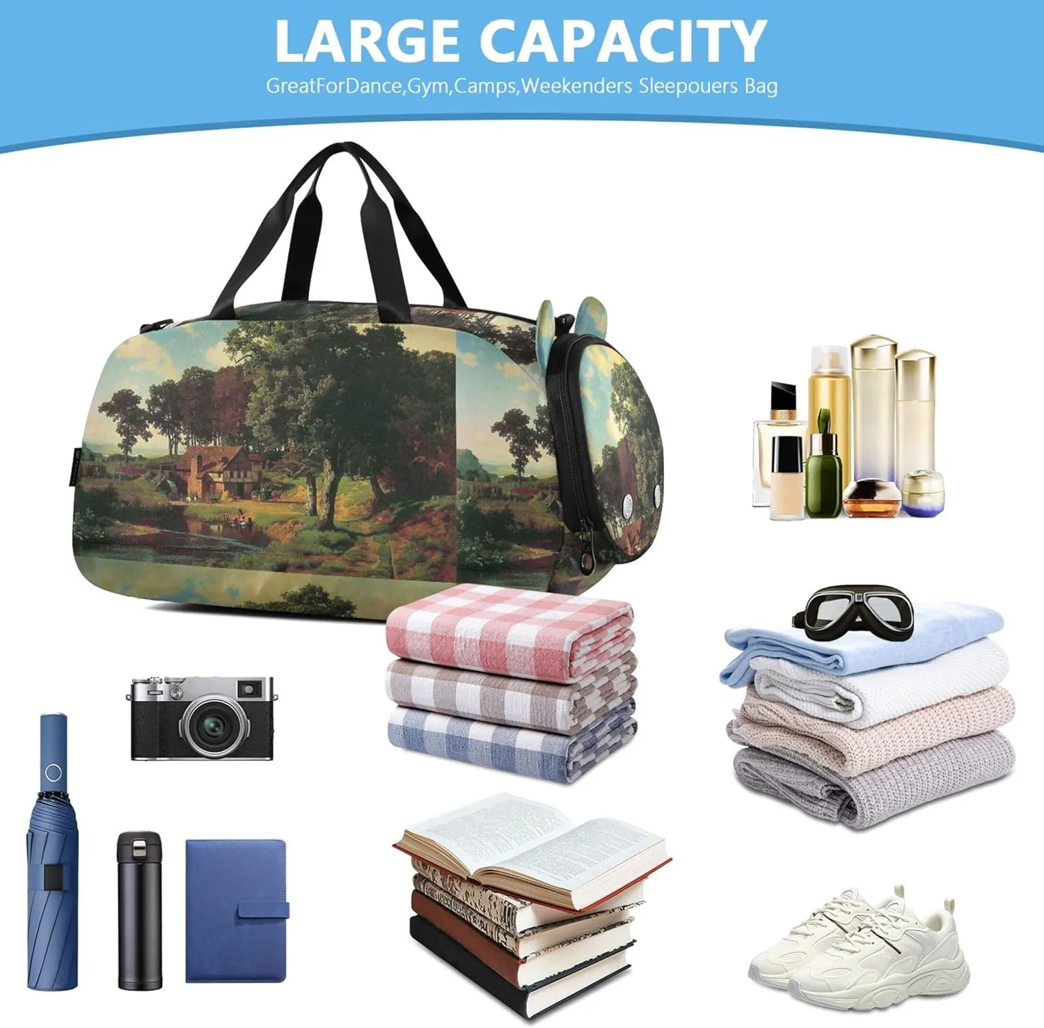 Albert Bierstadt Rustic Mill Painting Girls Duffle Bags for Travel Weekend Duffel Overnight Luggage Kids Sports Boys Carry on Duffel