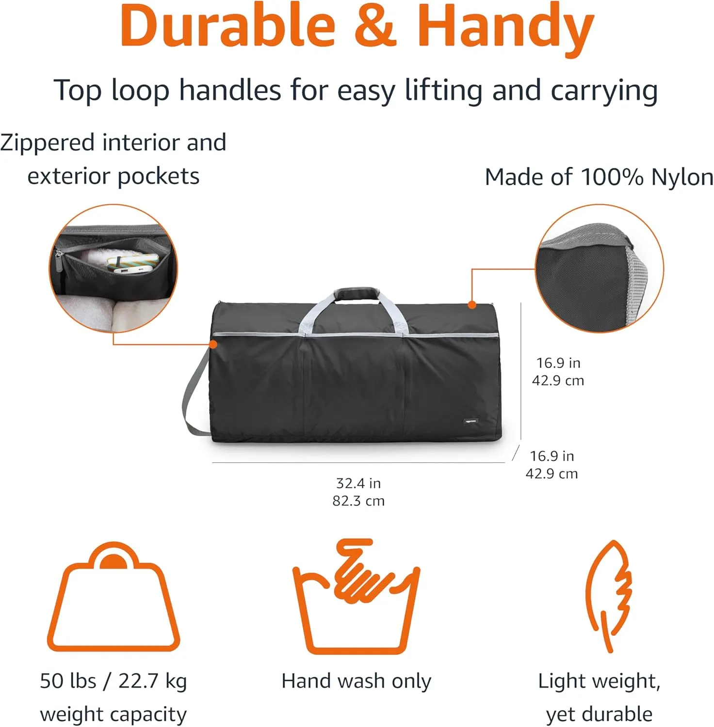 Amazon Basics Large Duffel Bag (100L) for Travel, Travel Bag, with Multiple Zippered Pockets, Lightweight yet Durable Nylon Material, 50-Pound Weight Capacity, Black, 32.4"L x 16.9"W x 16.9"H
