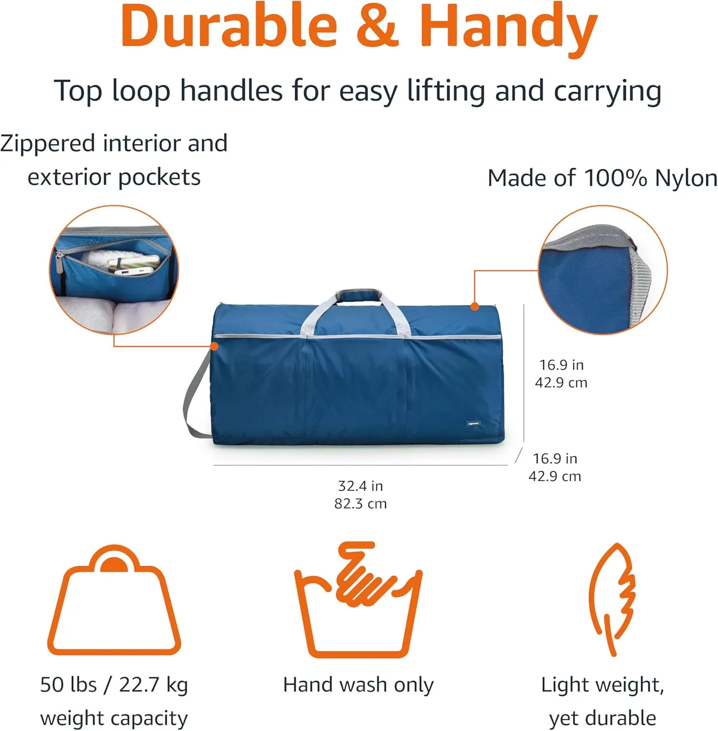 Amazon Basics Large Duffel Bag (100L) for Travel, Travel Bag, with Multiple Zippered Pockets, Lightweight yet Durable Nylon Material, 50-Pound Weight Capacity, Navy Blue, 32.4"L x 16.9"W x 16.9"H