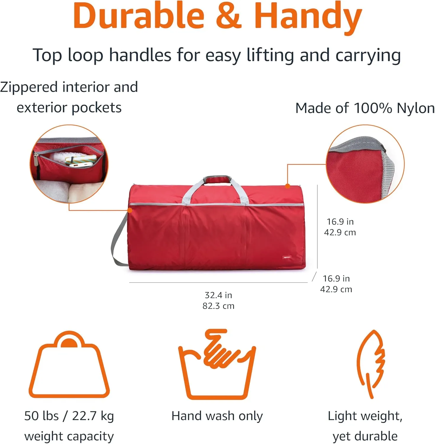 Amazon Basics Large Duffel Bag (100L) for Travel, Travel Bag, with Multiple Zippered Pockets, Lightweight yet Durable Nylon Material, 50-Pound Weight Capacity, Red, 32.4"L x 16.9"W x 16.9"H