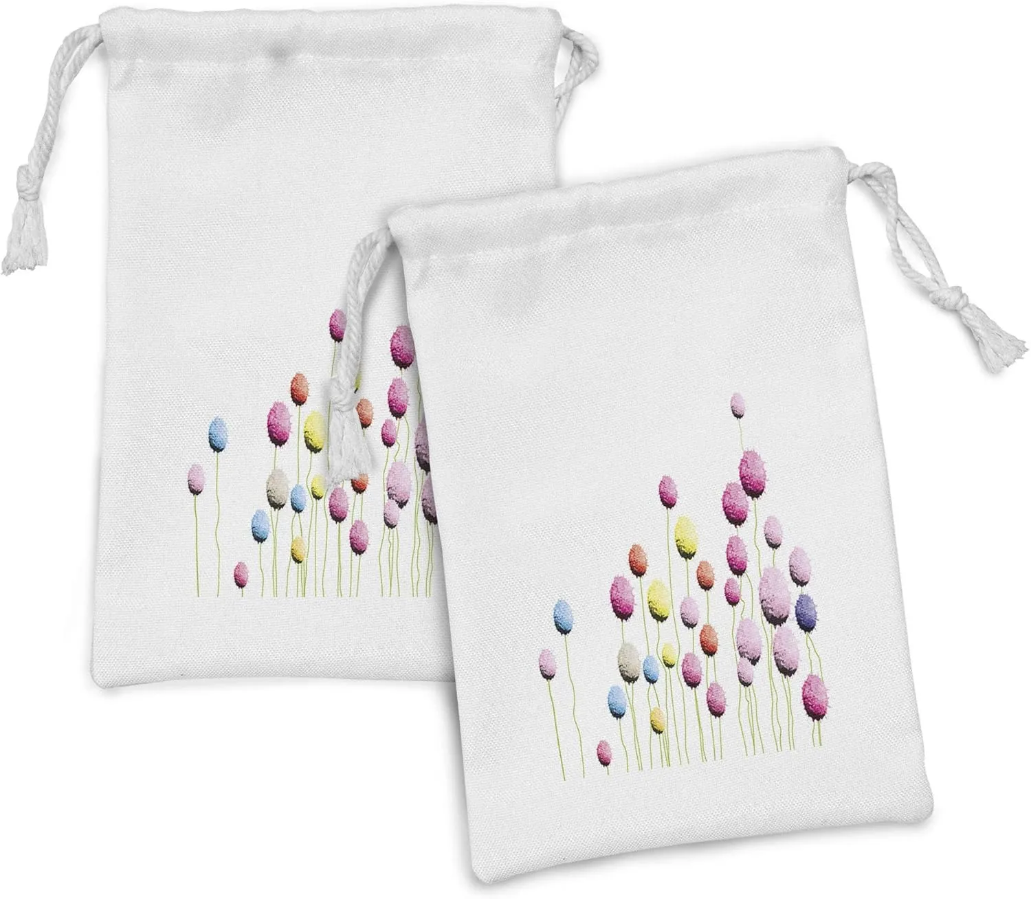 Ambesonne Floral Fabric Pouch Set of 2, Globe Amaranth Flowers Pattern Nature Beauty Blooms Petals Botany Eco Print, Small Drawstring Bag for Toiletries Masks and Favors, 9" x 6", Multicolor