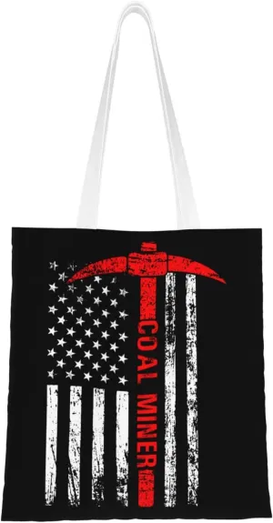 American Flag Coal Miner Tote Bag for Women Canvas Shopping Bags Reusable Beach Bag Grocery Bags Tote Shoulder Bag Gift Bags