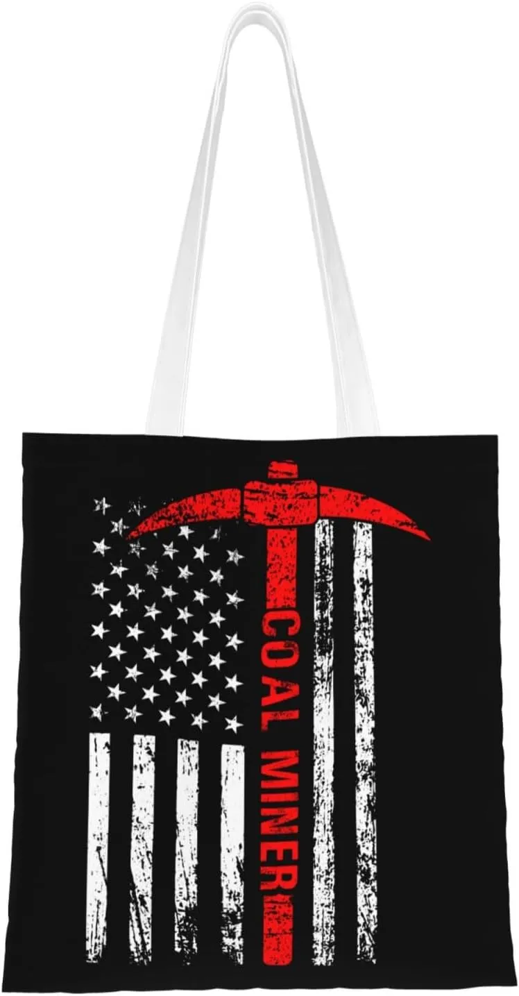American Flag Coal Miner Tote Bag for Women Canvas Shopping Bags Reusable Beach Bag Grocery Bags Tote Shoulder Bag Gift Bags