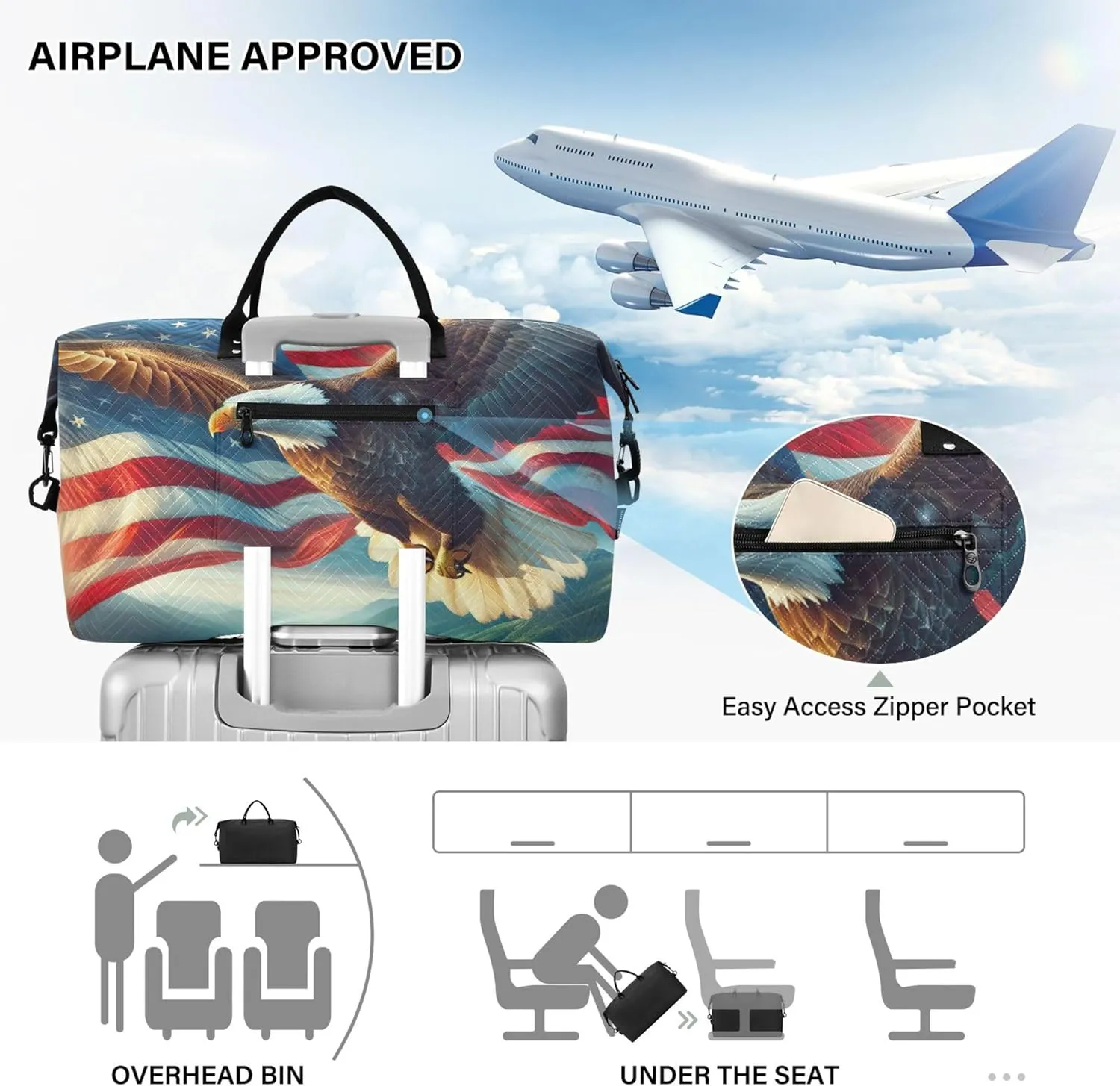 American Flag Eagle Duffel Bag for Travel Cosmetic Bags Set of 2, Animal Gym Duffle Bag Carry on Duffel Bag
