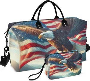 American Flag Eagle Duffel Bag for Travel Cosmetic Bags Set of 2, Animal Gym Duffle Bag Carry on Duffel Bag