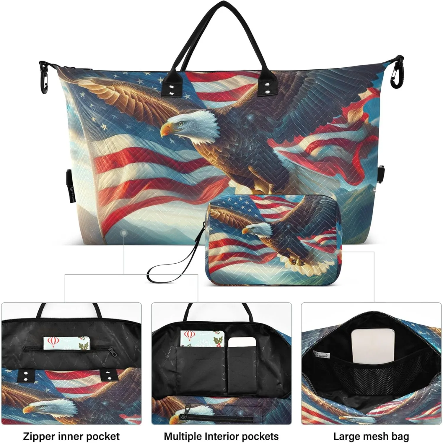American Flag Eagle Duffel Bag for Travel Cosmetic Bags Set of 2, Animal Gym Duffle Bag Carry on Duffel Bag