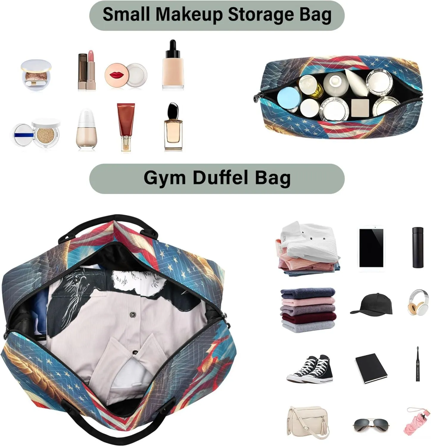 American Flag Eagle Duffel Bag for Travel Cosmetic Bags Set of 2, Animal Gym Duffle Bag Carry on Duffel Bag