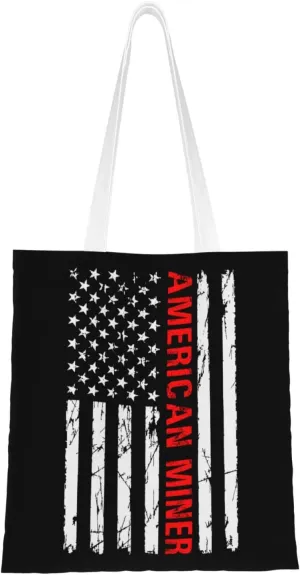 American Miner Patriot Day Flag Tote Bag for Women Canvas Shopping Bags Reusable Beach Bag Grocery Bags Tote Shoulder Bag Gift Bags