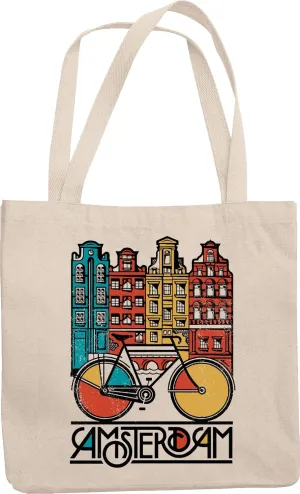 Amsterdam Bike Distressed Retro Style Graphic Art Of Bike & City Reusable Tote Bag Or Souvenir For Cyclist, Bicyclist, Biker, European, Netherlands Travelers & Men & Women Who Travel Europe