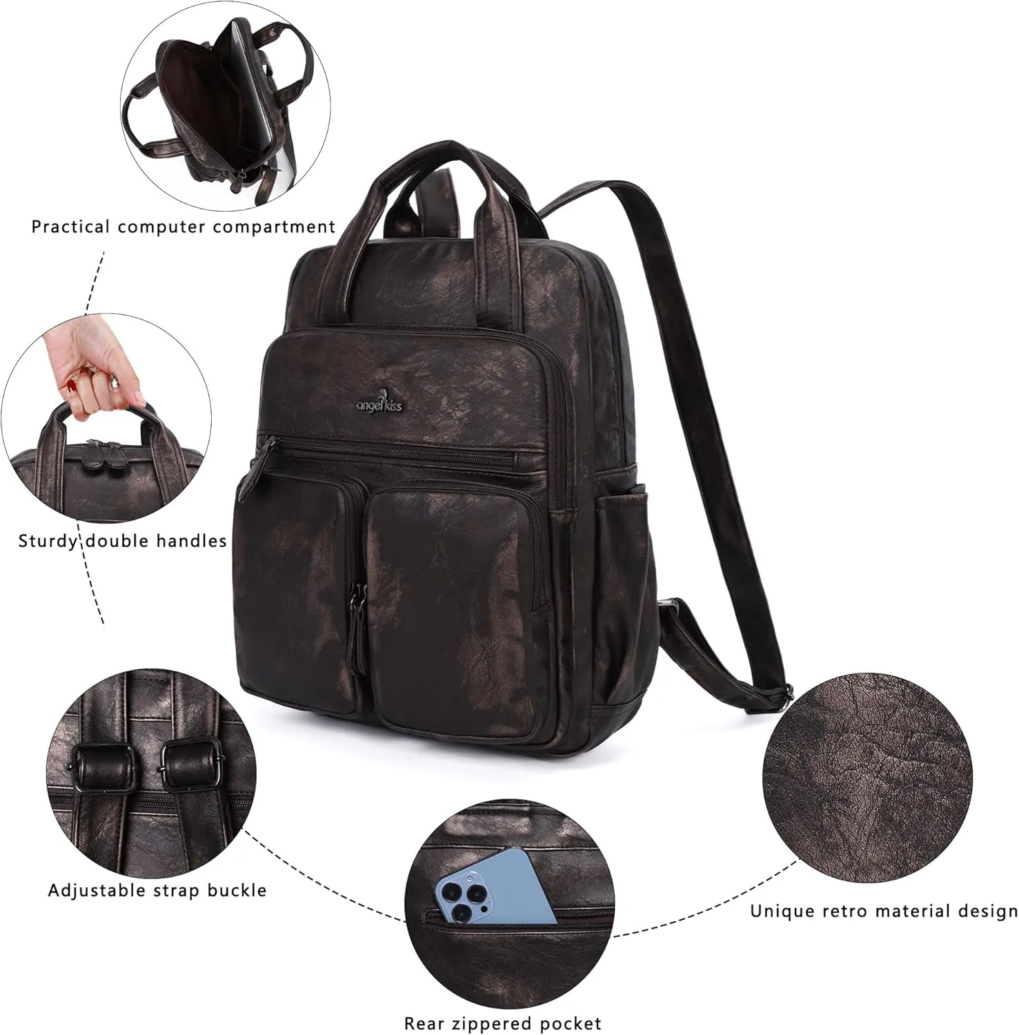 Angel Kiss Backpack Purse for Women Soft Washed Leather Multi Pocket Casual Travel Backpacks…