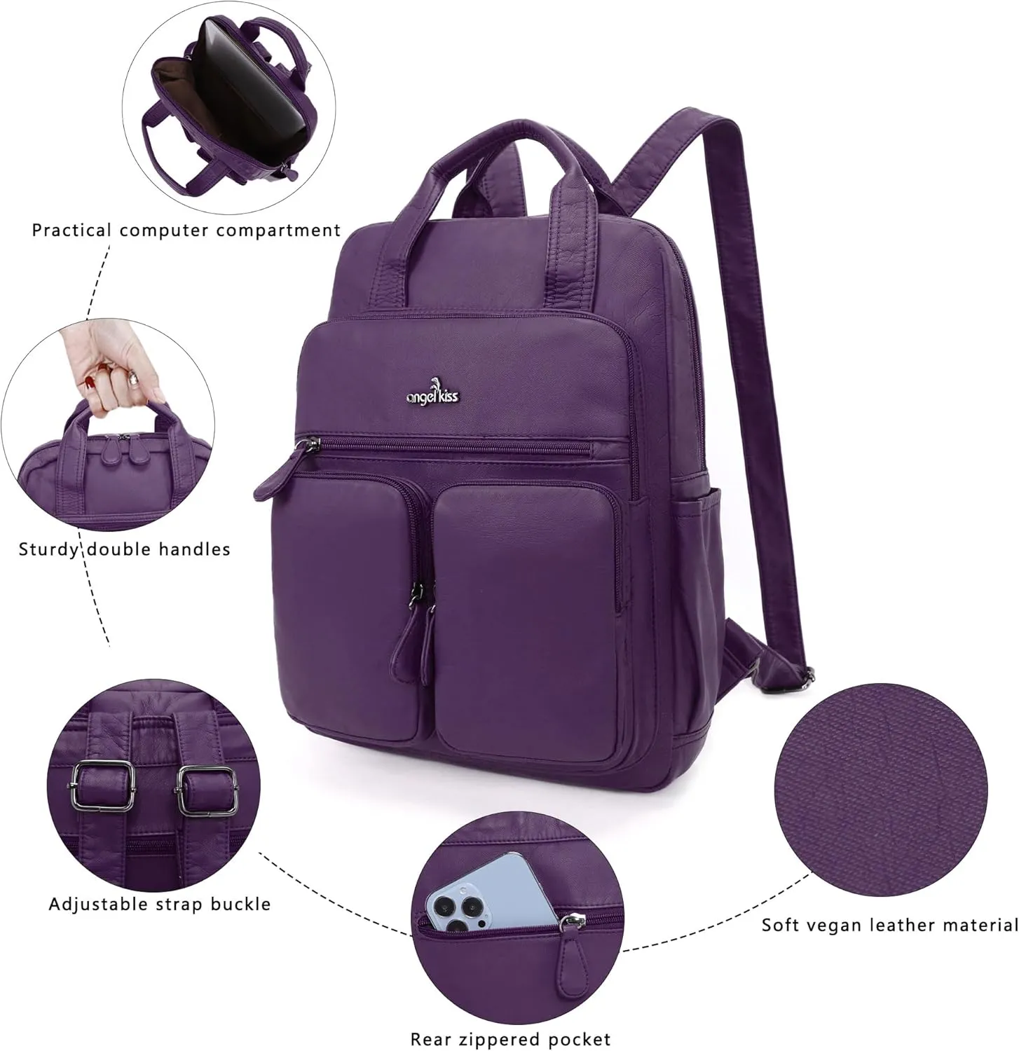 Angel Kiss Backpack Purse for Women Soft Washed Leather Multi Pocket Casual Travel Backpacks…