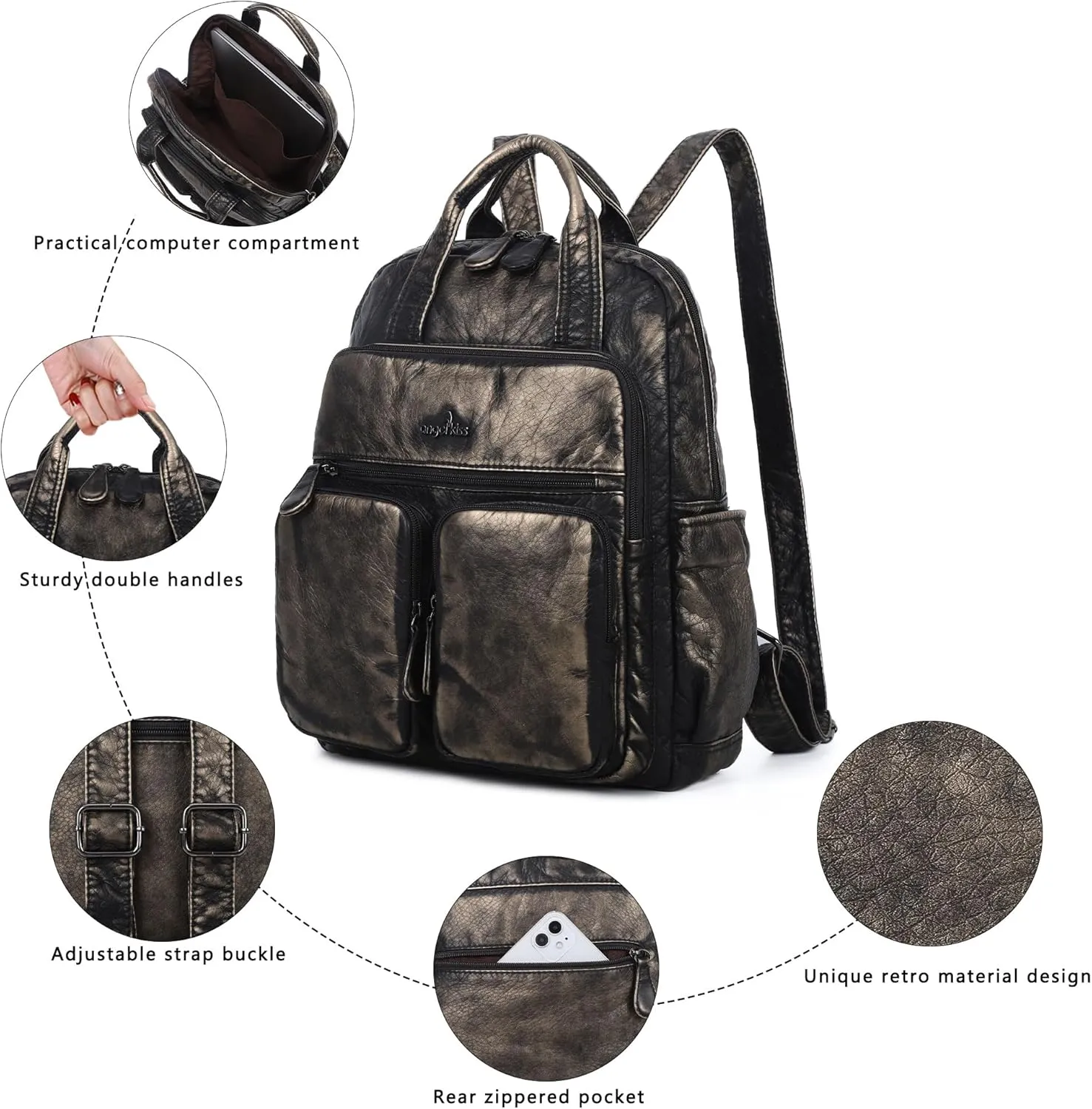 Angel Kiss Backpack Purse for Women Soft Washed Leather Multi Pocket Casual Travel Backpacks…