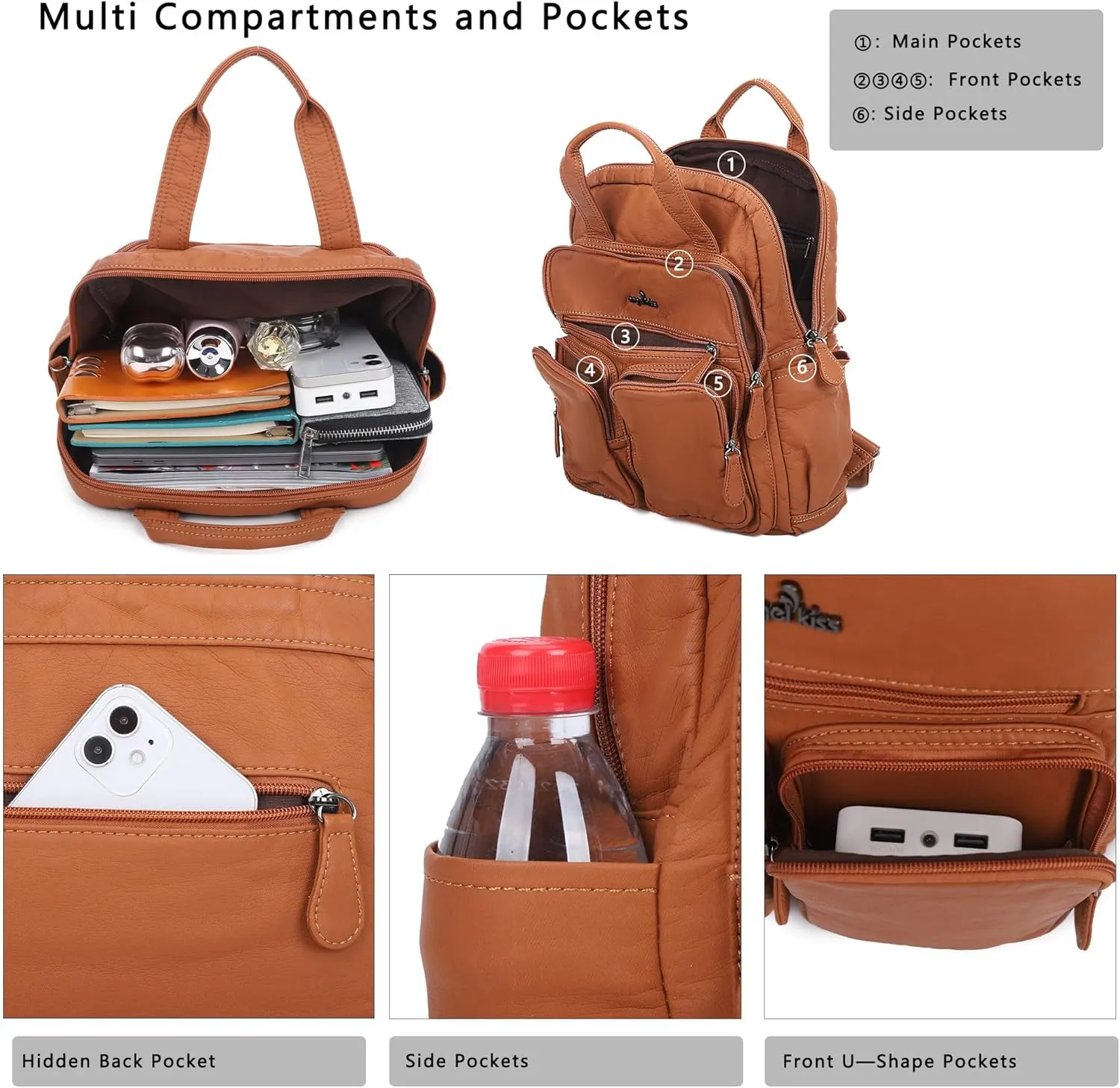 Angel Kiss Backpack Purse for Women Soft Washed Leather Multi Pocket Casual Travel Backpacks…