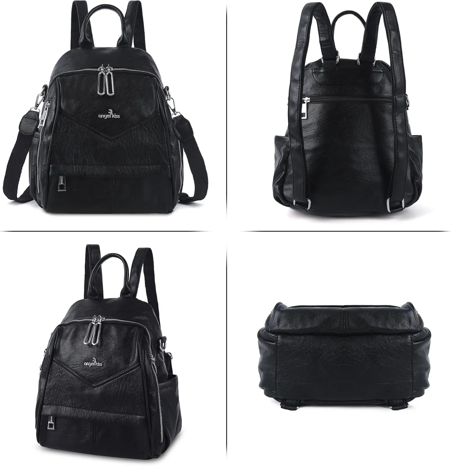 Angel Kiss Small Backpack Purse for Women,Soft Vegan Leather Roomy Backpacks,Designer Ladies Shoulder Backpack Fashion Handbag with Removable Strap,Black