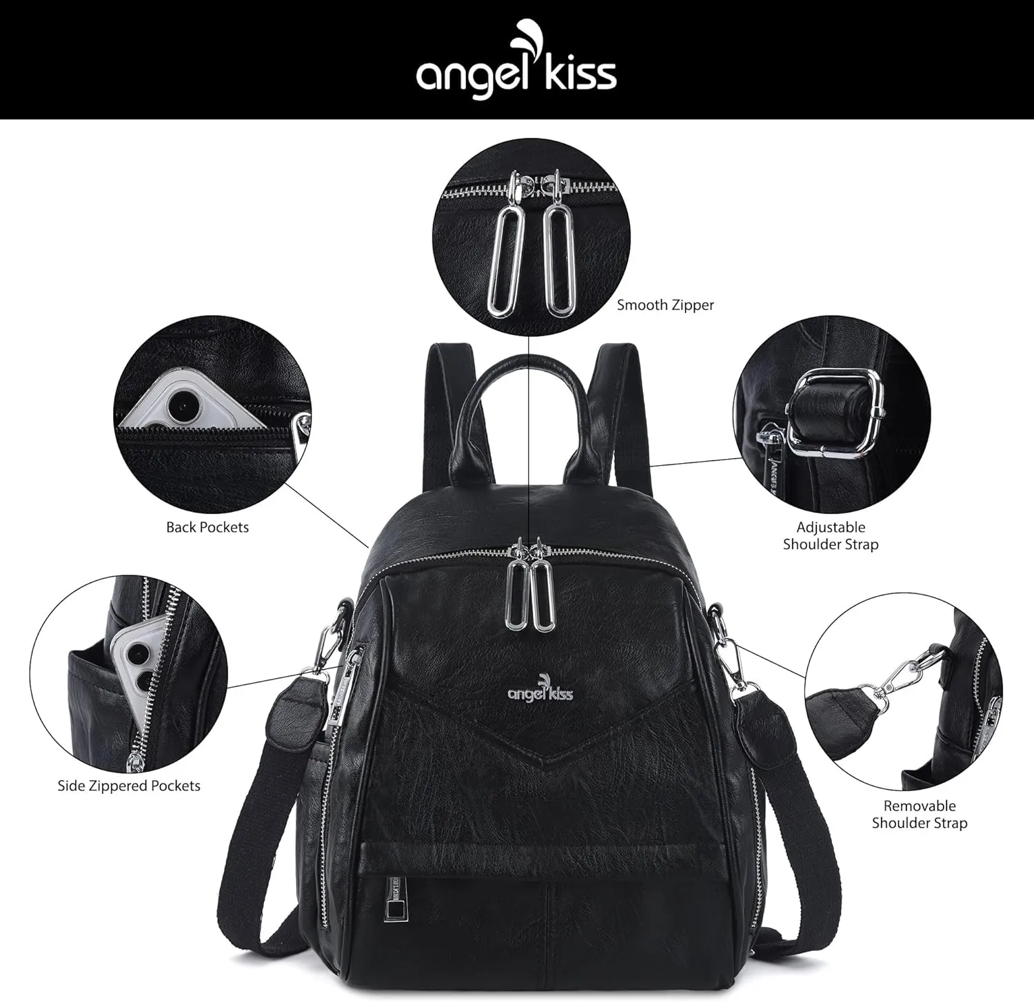 Angel Kiss Small Backpack Purse for Women,Soft Vegan Leather Roomy Backpacks,Designer Ladies Shoulder Backpack Fashion Handbag with Removable Strap,Black