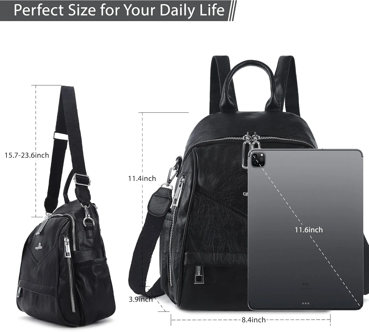 Angel Kiss Small Backpack Purse for Women,Soft Vegan Leather Roomy Backpacks,Designer Ladies Shoulder Backpack Fashion Handbag with Removable Strap,Black