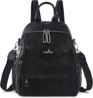 Angel Kiss Small Backpack Purse for Women,Soft Vegan Leather Roomy Backpacks,Designer Ladies Shoulder Backpack Fashion Handbag with Removable Strap,Black