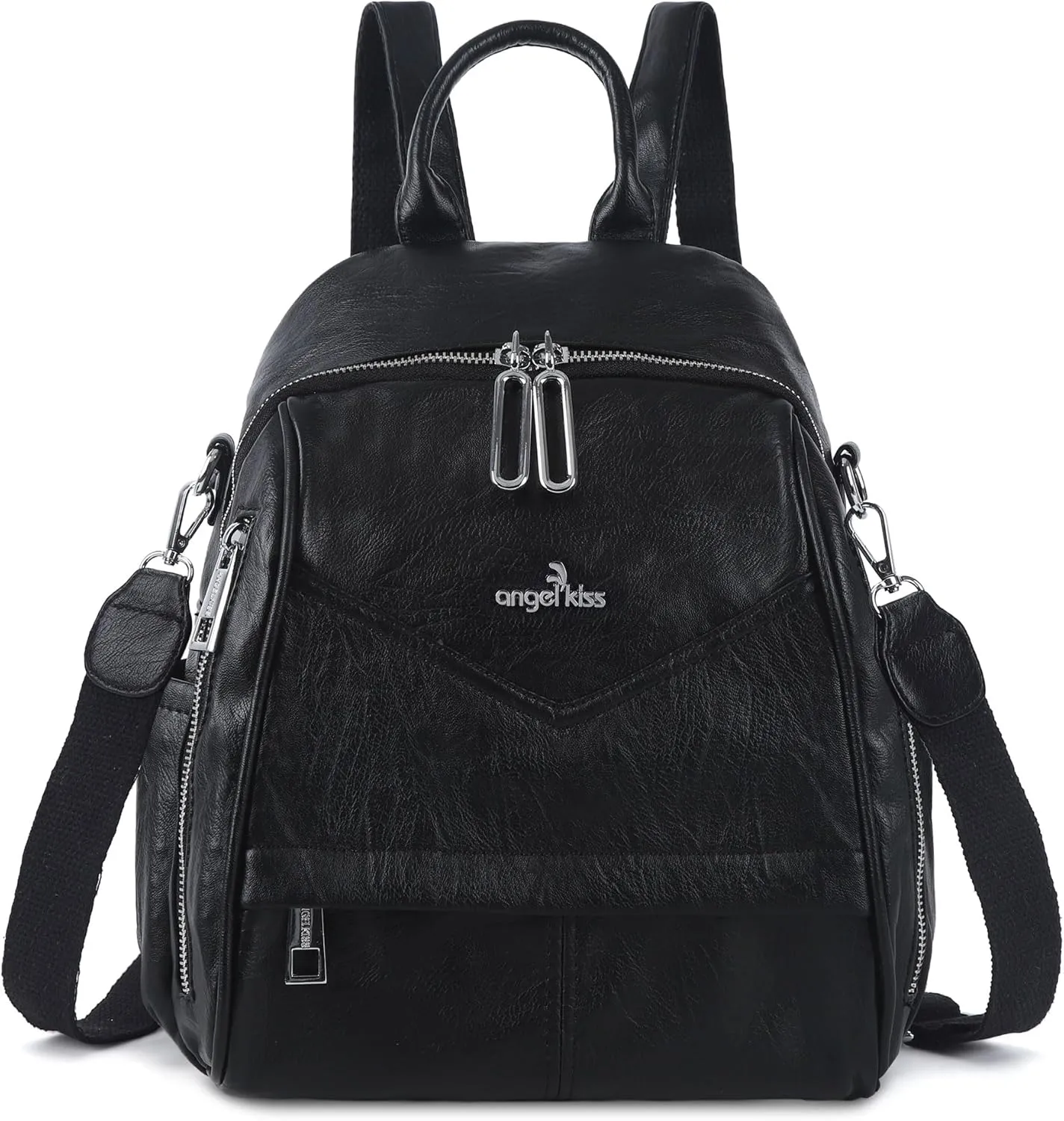 Angel Kiss Small Backpack Purse for Women,Soft Vegan Leather Roomy Backpacks,Designer Ladies Shoulder Backpack Fashion Handbag with Removable Strap,Black