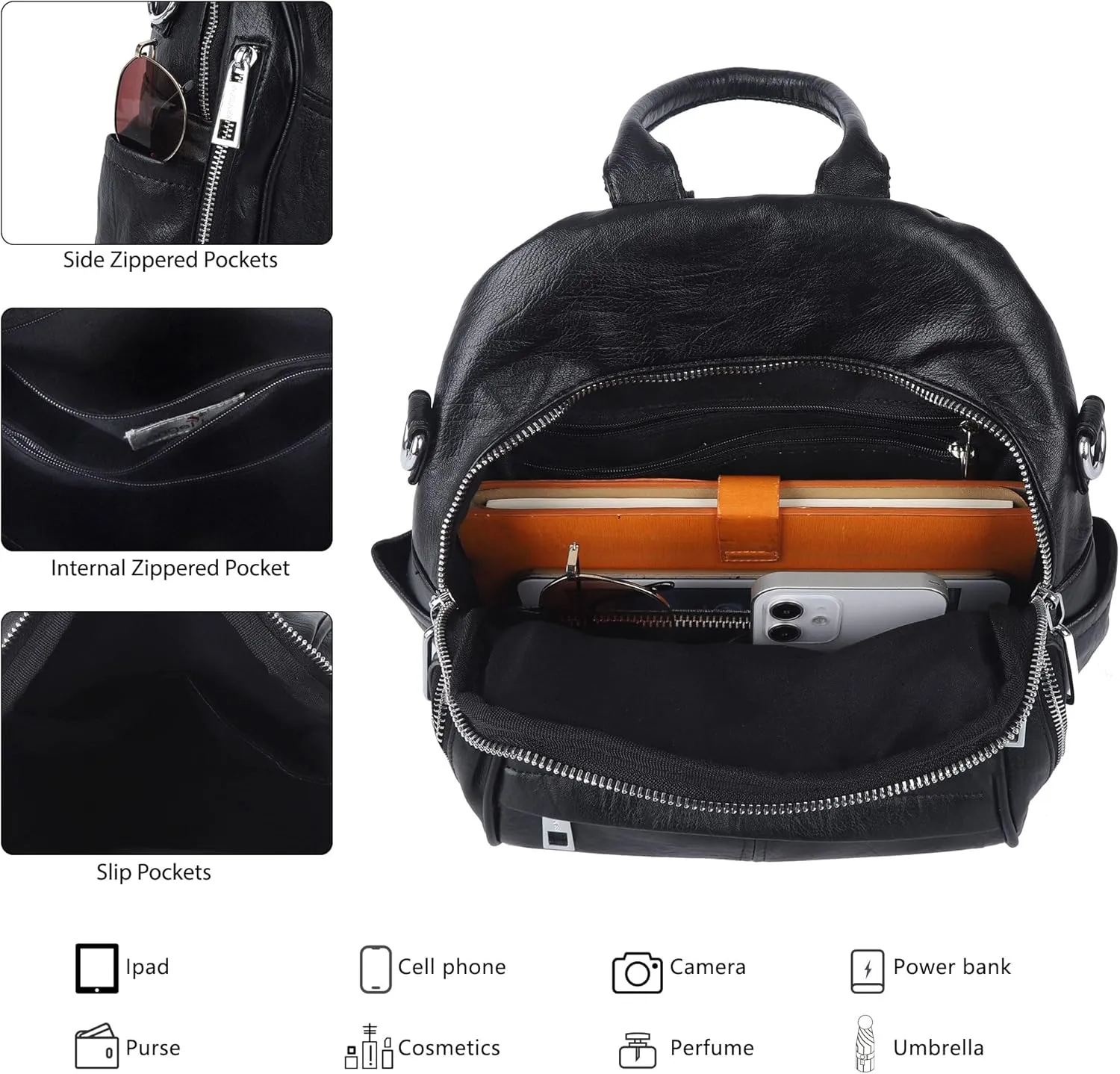 Angel Kiss Small Backpack Purse for Women,Soft Vegan Leather Roomy Backpacks,Designer Ladies Shoulder Backpack Fashion Handbag with Removable Strap,Black