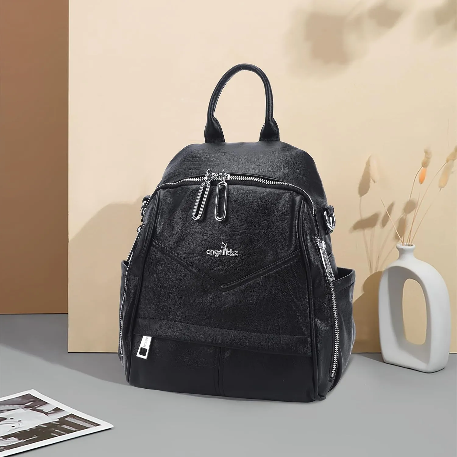 Angel Kiss Small Backpack Purse for Women,Soft Vegan Leather Roomy Backpacks,Designer Ladies Shoulder Backpack Fashion Handbag with Removable Strap,Black