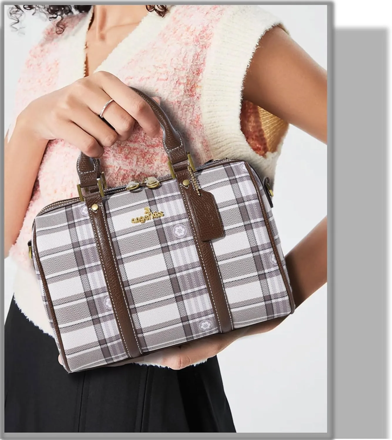 Angel Kiss Women Satchel Purses and Handbags Vegan Leather Boston Barrel Bag Top Handle Shoulder Purse with Crossbody Strap