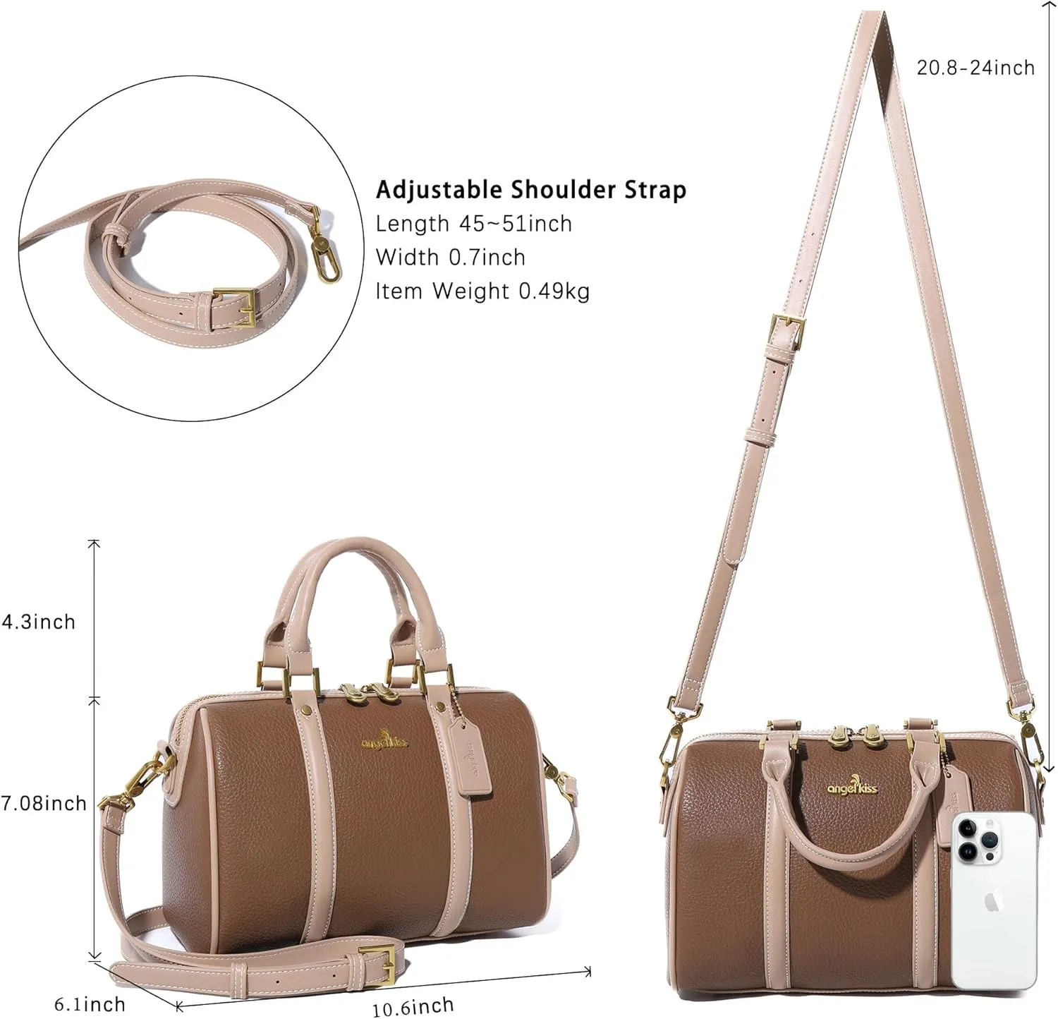 Angel Kiss Women Satchel Purses and Handbags Vegan Leather Boston Barrel Bag Top Handle Shoulder Purse with Crossbody Strap