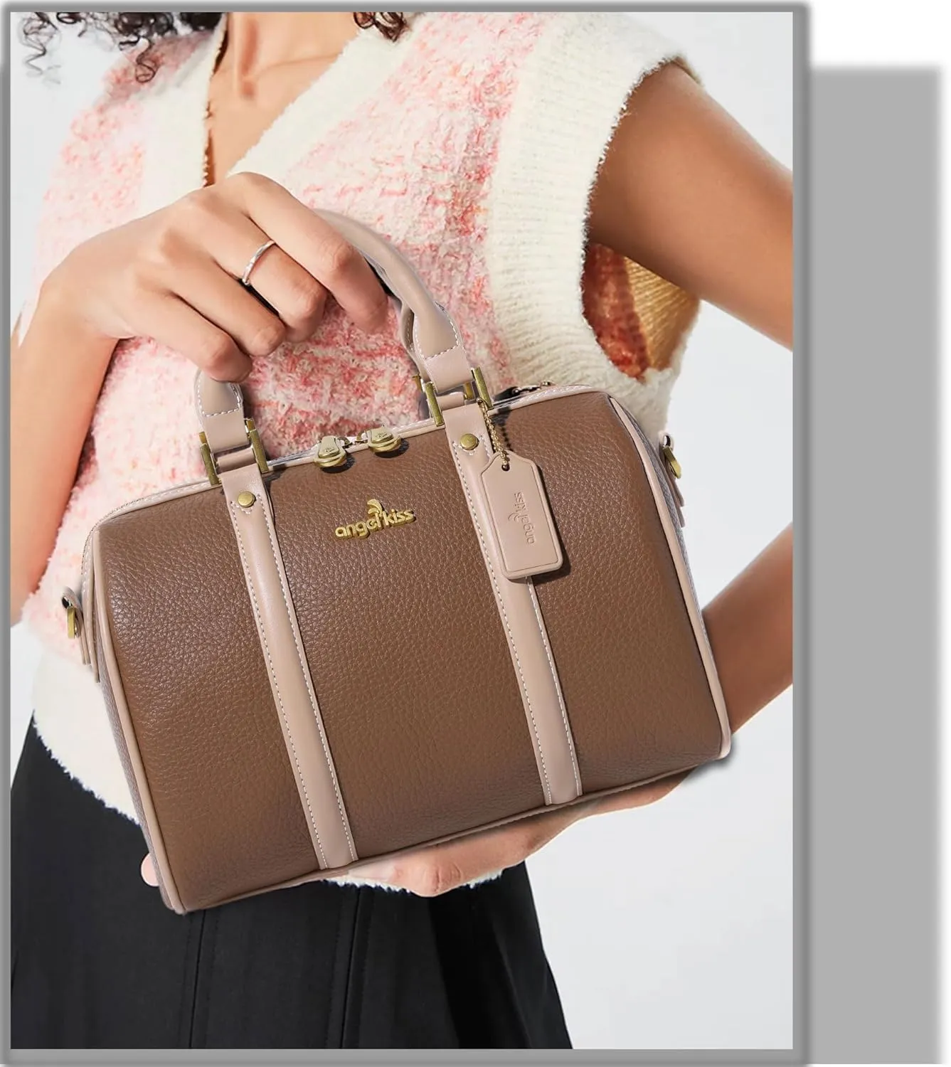 Angel Kiss Women Satchel Purses and Handbags Vegan Leather Boston Barrel Bag Top Handle Shoulder Purse with Crossbody Strap