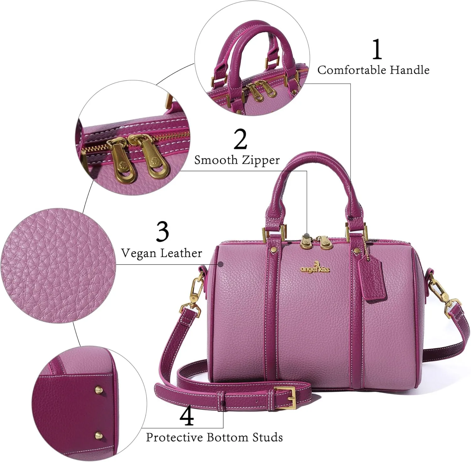 Angel Kiss Women Satchel Purses and Handbags Vegan Leather Boston Barrel Bag Top Handle Shoulder Purse with Crossbody Strap