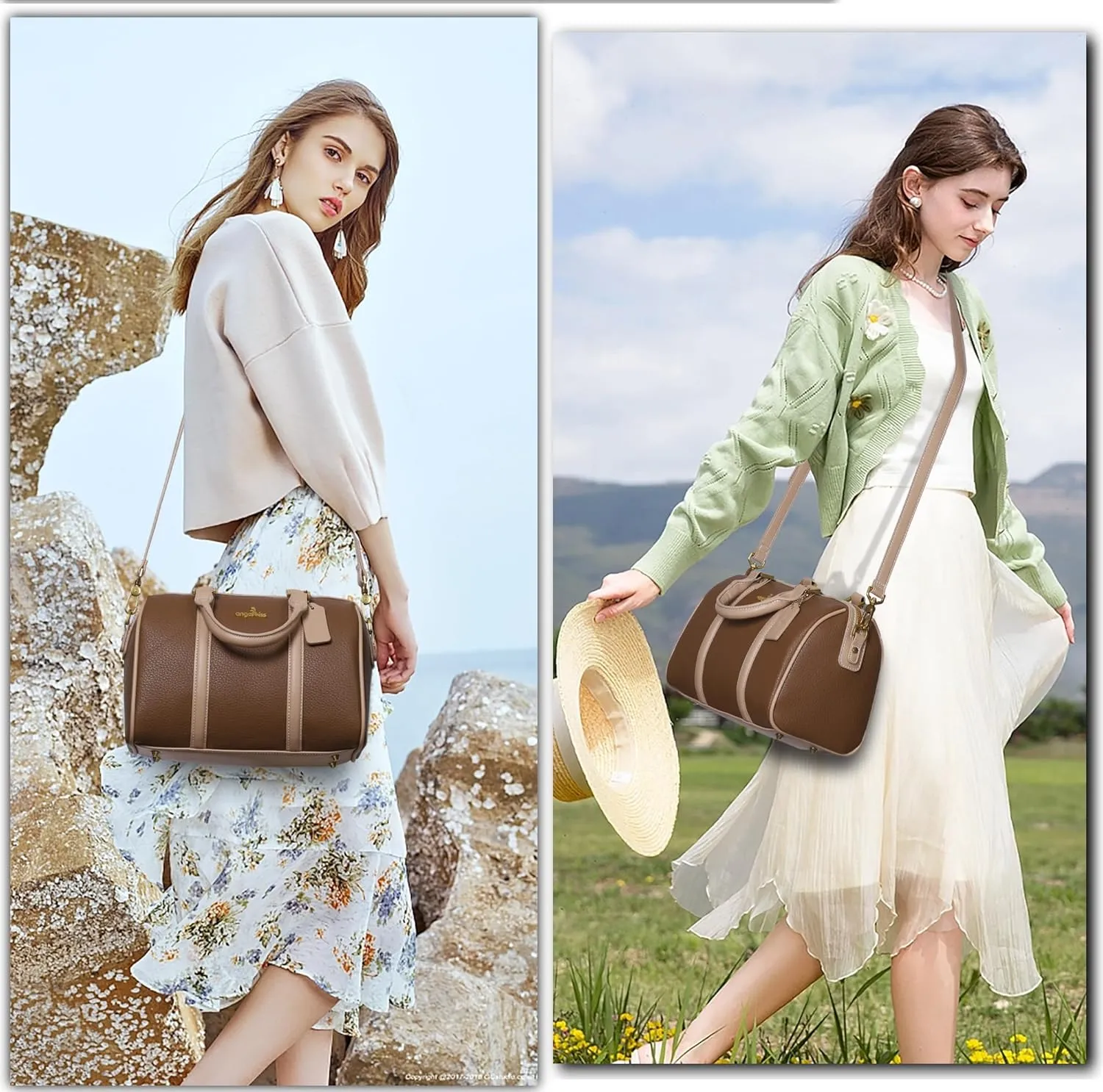 Angel Kiss Women Satchel Purses and Handbags Vegan Leather Boston Barrel Bag Top Handle Shoulder Purse with Crossbody Strap