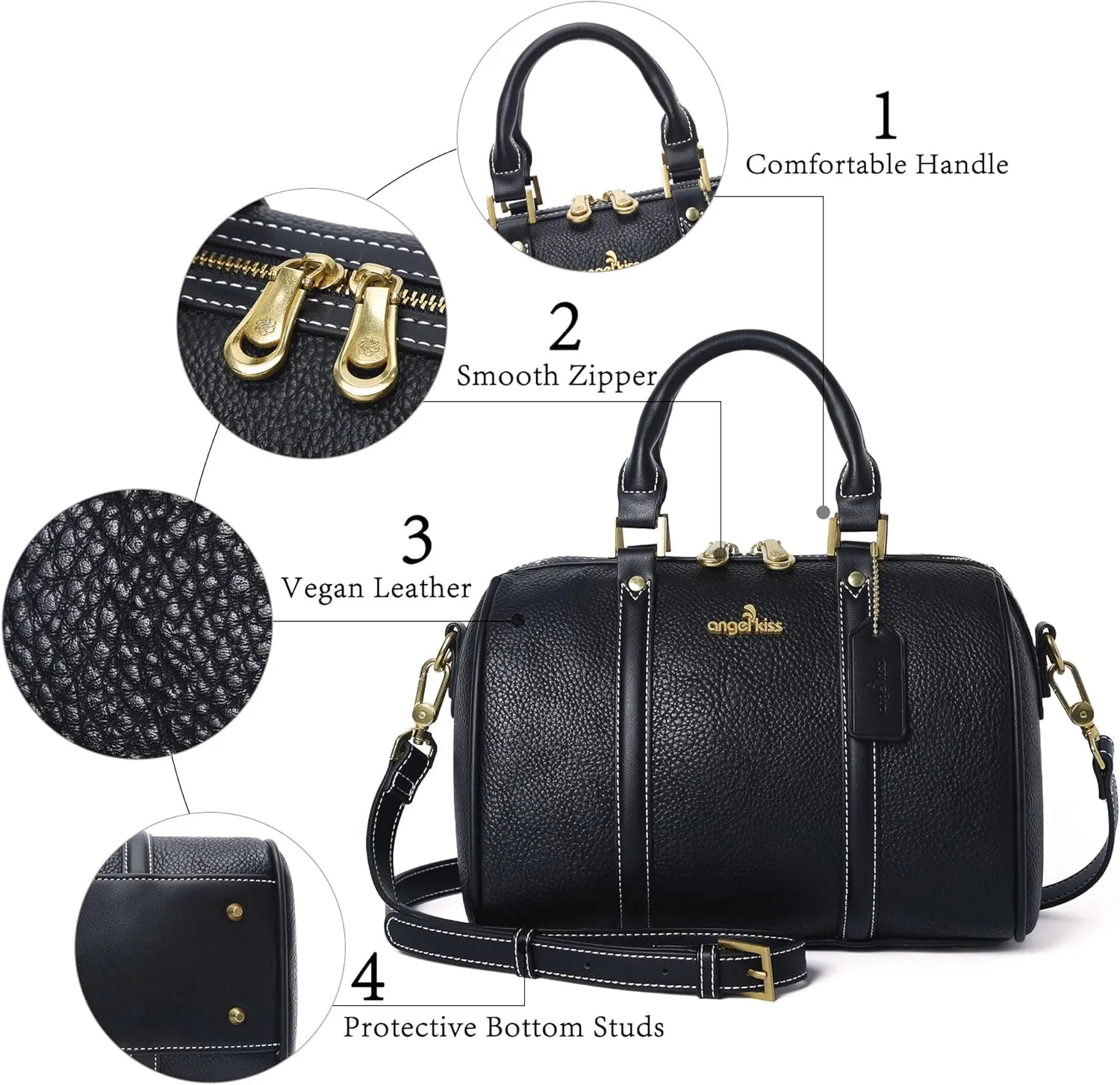 Angel Kiss Women Satchel Purses and Handbags Vegan Leather Boston Barrel Bag Top Handle Shoulder Purse with Crossbody Strap