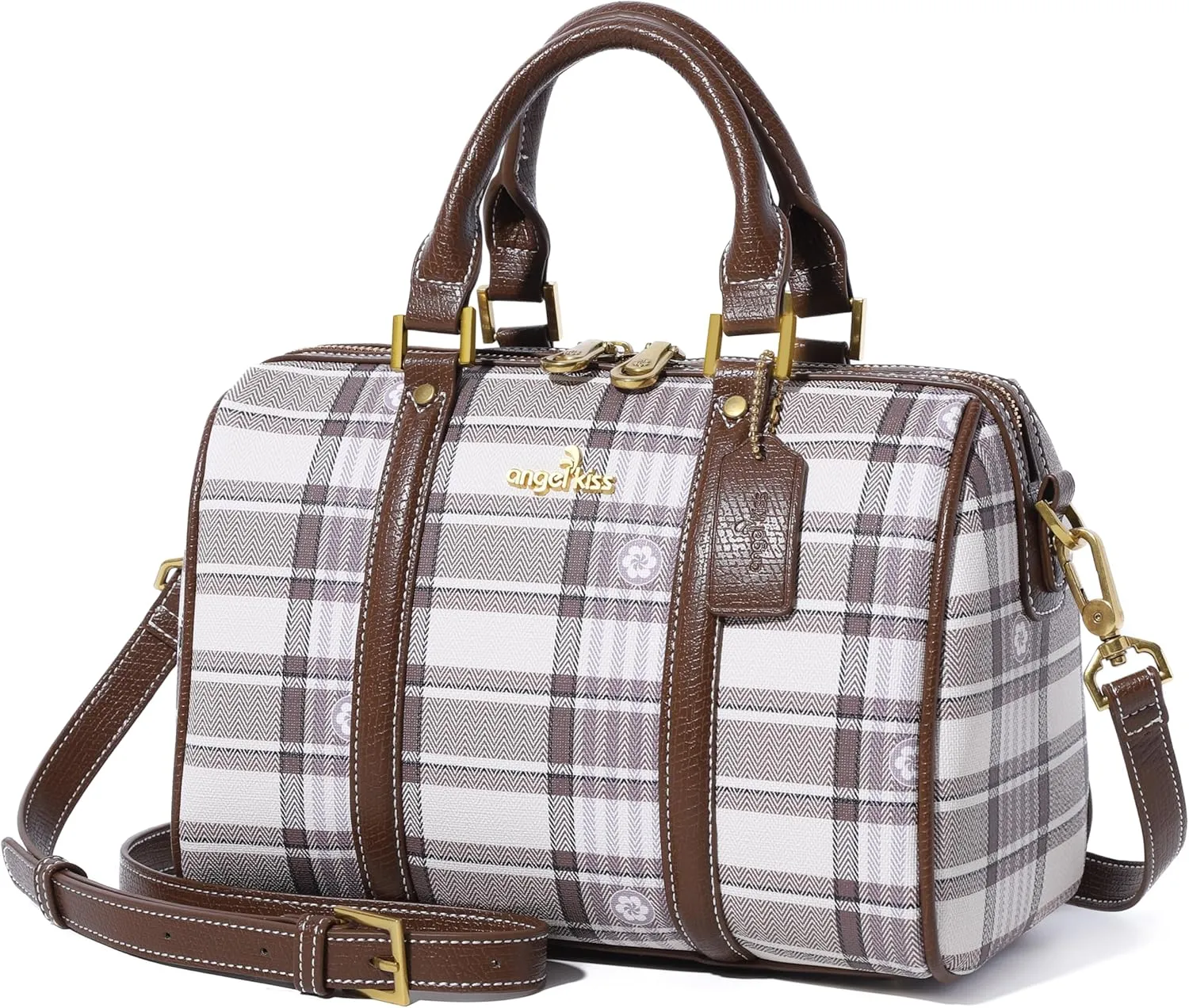 Angel Kiss Women Satchel Purses and Handbags Vegan Leather Boston Barrel Bag Top Handle Shoulder Purse with Crossbody Strap