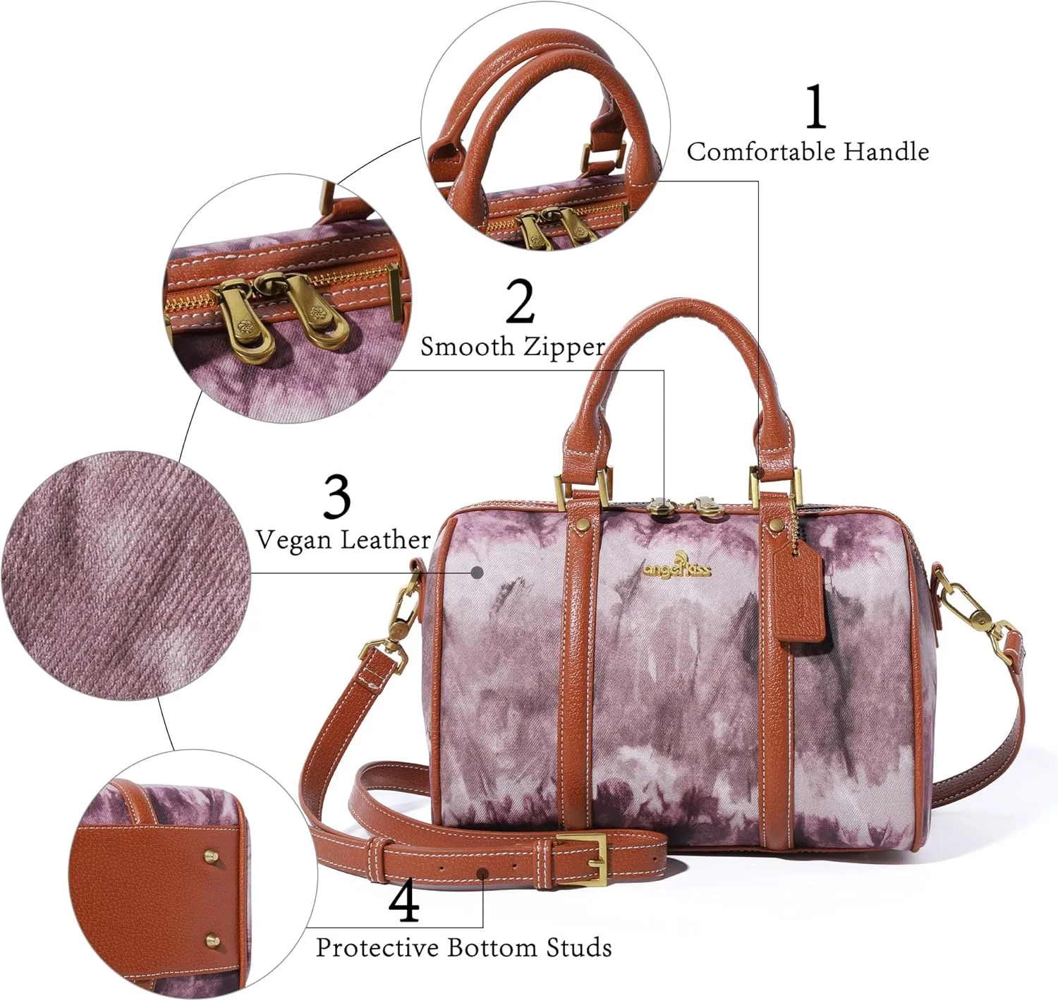 Angel Kiss Women Satchel Purses and Handbags Vegan Leather Boston Barrel Bag Top Handle Shoulder Purse with Crossbody Strap